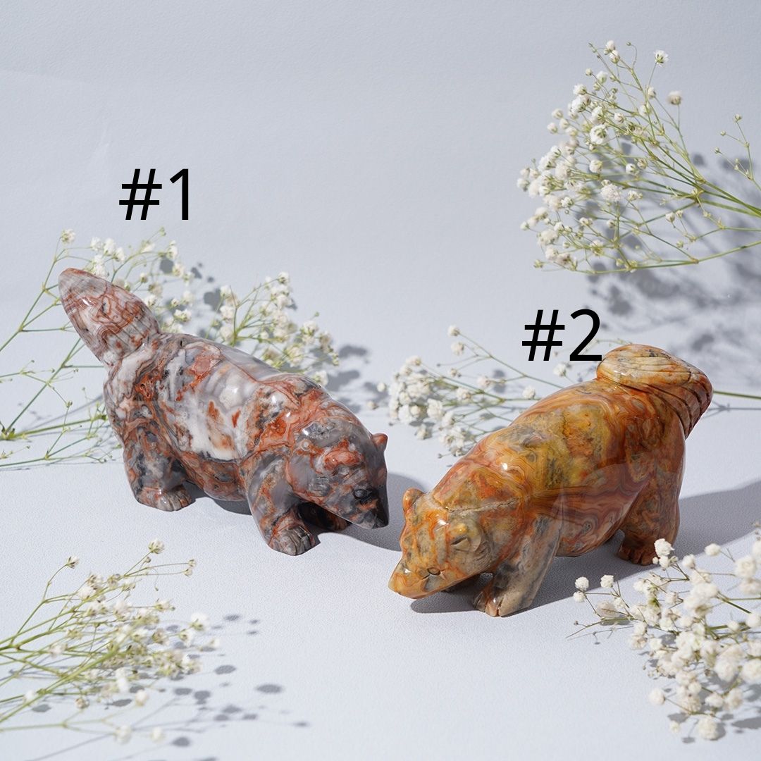 Crazy agate and 3 color jade bear carving
